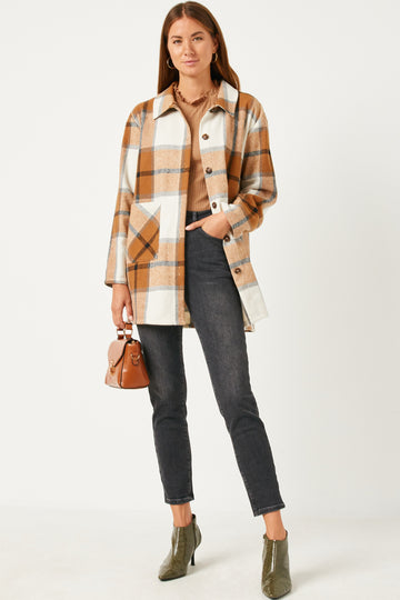HY5257 BURGUNDY Womens Plaid Button Up Patch Pocket Coat